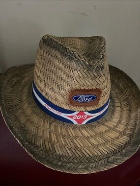 Ford Straw Fedora Hat in Natural Brown with Blue and Red Trim